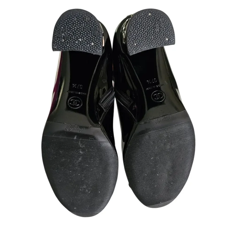 Chanel CC Cap Toe Logo Ankle Heel Boot Size 37.5 US 6.5 7 Black Patent Leather